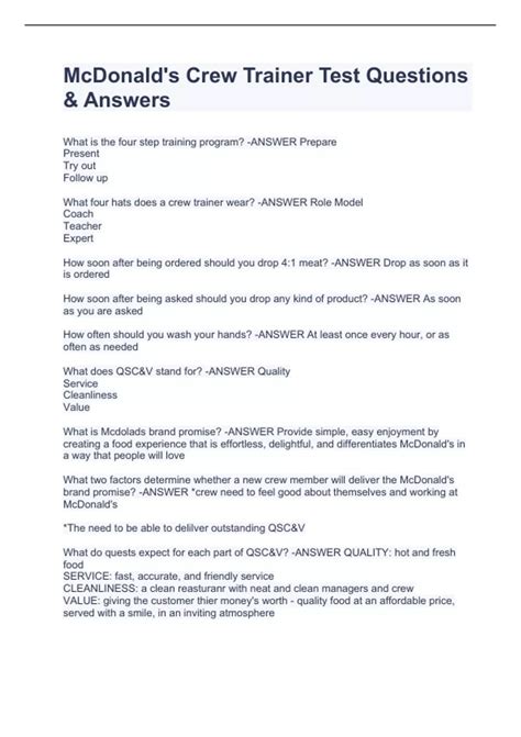 McDonald's Crew Trainer Test Questions & Answers - McDonald\'s Crew