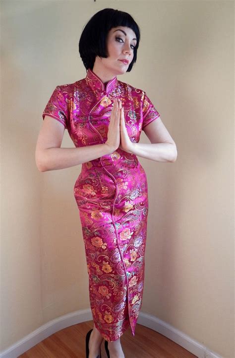 Vintage Geisha Cheongsam Dress Satin Brocade Large | Cheongsam ...