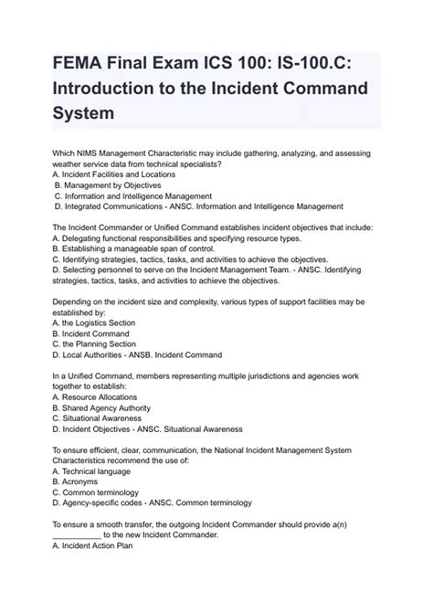 FEMA Final Exam ICS 100: IS-100.C: Introduction to the Incident Command