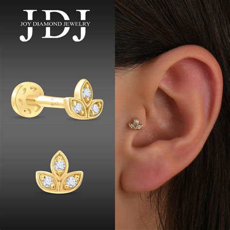 Natural Diamond Lotus Piercing 18k Gold Cartilage Earring Tiny Lotus