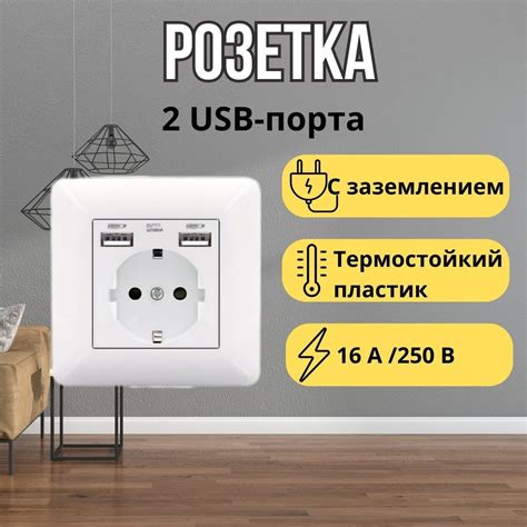 Встраиваемая розетка с двумя USB портами белая, одинарная с заземлением ...
