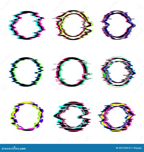 Glitch Circles. Round Glitched Digital Frames Dynamic Broken Television