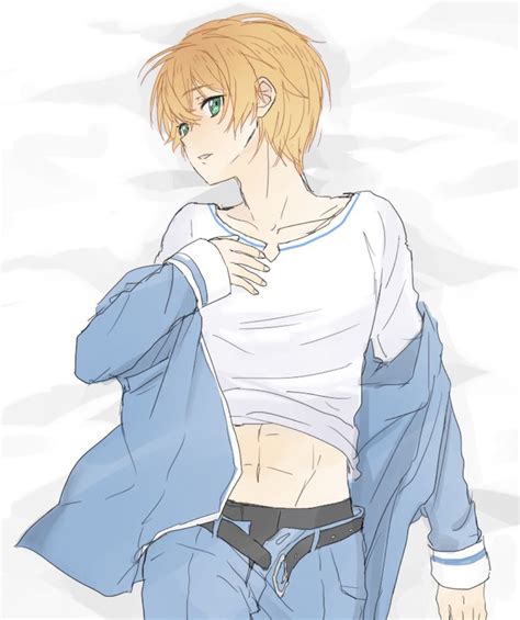 An Anime Character With Blonde Hair Wearing Blue Pants And A White T Shirt Holding His Jacket