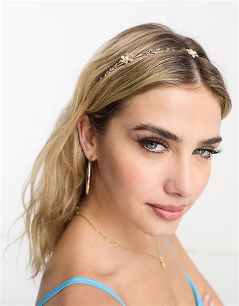 Asos Design Headband With Floral And Pearl Design In Gold Tone Asos