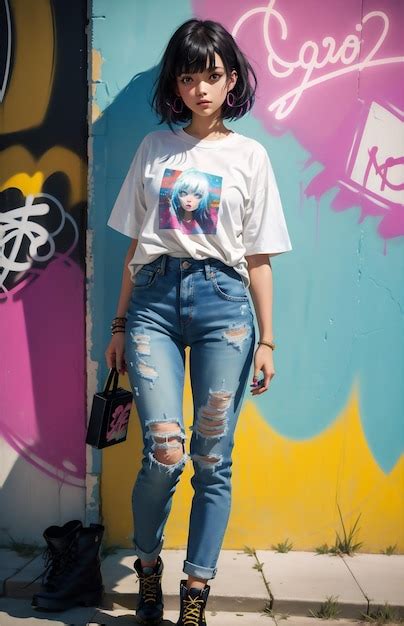 Premium Photo Beautiful Girl Posing In Front Of Graffiti Wall