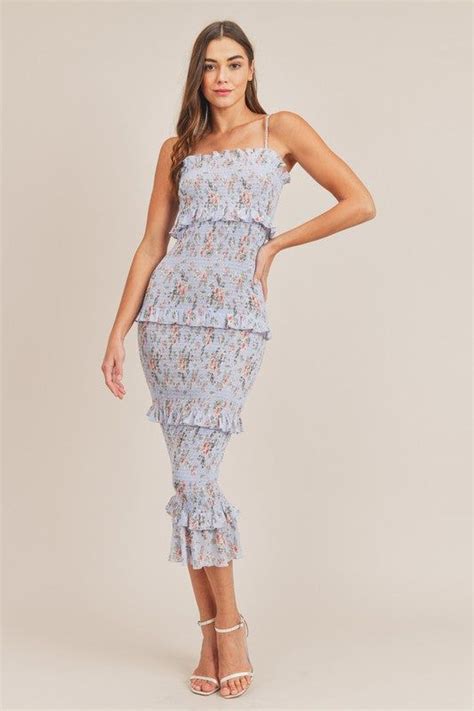 Off To The Races Floral Smocked Midi Dress Blue In Blue Midi