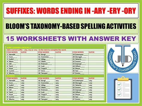 SUFFIXES WORDS ENDING IN ARY ERY ORY WORKSHEETS ANSWERS 15