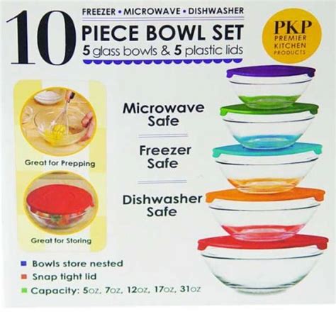 10 Piece Glass Bowl Set With Lids Microwave Freezer And Dishwasher Safe