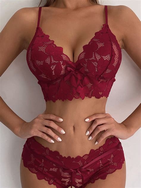 Elegant Burgundy Lace Lingerie Set With Bow Detail