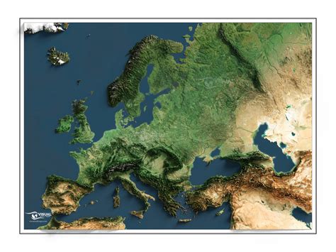 Рельефная карта Европы созданная на основе 3D данных и спутниковых