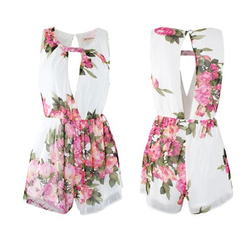 Floral Romper Sexy Playsuit Chiffon Cocktail Evening Jumpsuit Open Back