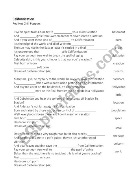 Californication Red Hot Chili Peppers Esl Worksheet By Ligiaberenguer
