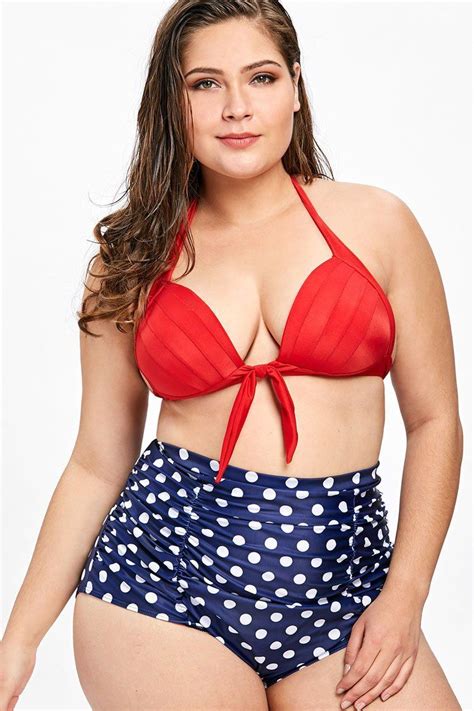 Plus Size Polka Dot High Waisted Knotted Halter Bikini Two Piece