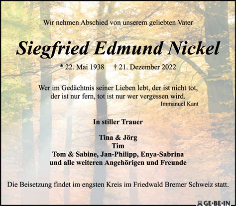 Traueranzeigen Von Siegfried Edmund Nickel Trauer Gedenken