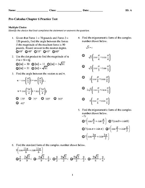 Precalc 6: Chapter 6 Practice Test and Answer Key - Studocu