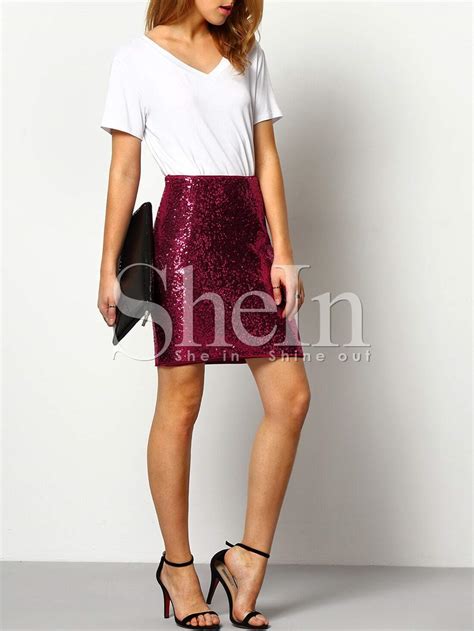 Burgundy High Waist Sequined Sheath Skirt Sheinsheinside