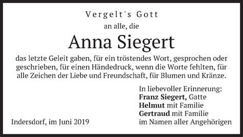 Traueranzeigen Von Anna Siegert Trauer Merkur De