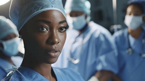 A Black female surgeon leading an operation with her diverse team in ...