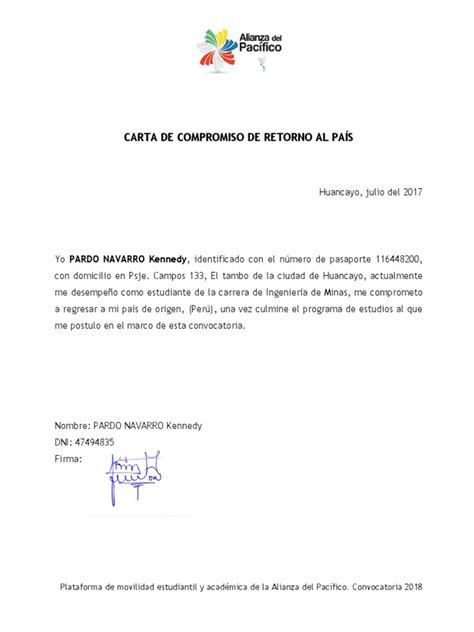 Carta De Compromiso Retorno Al Pais