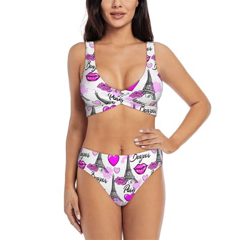 Womens Bikini Sets Two Piece Tower Flower Purple Cross Design Swimsuit High Waisted Bathing
