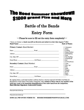 Fillable Online Battle Of The Bands Entry Form The Hood Bar Pizza