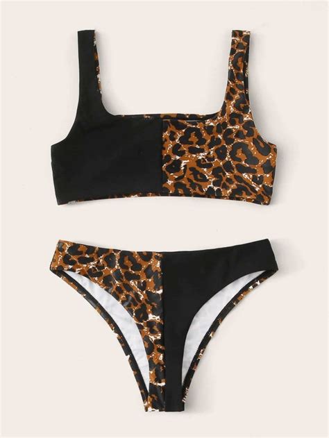 Girls Contrast Leopard Bikini Swimsuit