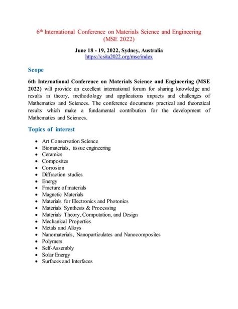 6th International Conference On Materials Science And Engineering Mse