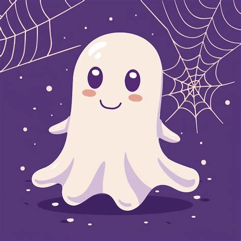 Cute Kawaii Ghost On Spooky Spider Web Adorable Halloween Illustration