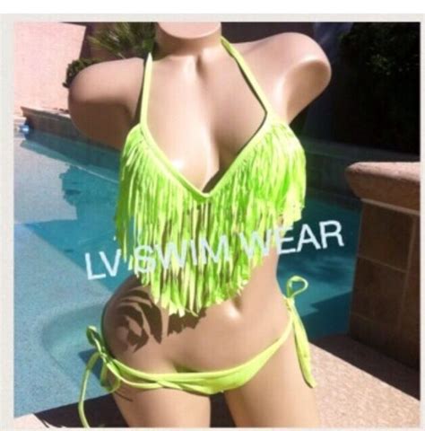 Sexy Neon Green Tassel Fringe Scrunch Butt Pucker Brazilian Bikini Nwot