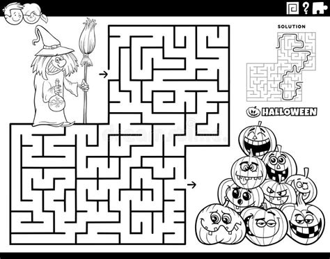 Maze With Cartoon Witch On Halloween Time Coloring Page Stock Vector Illustration Of Jack