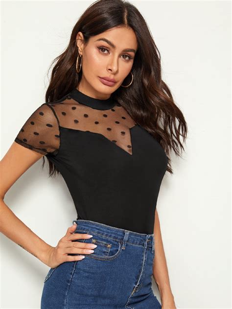 Shein Privé Dobby Mesh Yoke Fitted Top Shein Usa