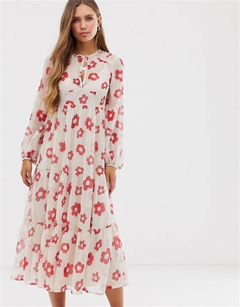 Asos Design Tiered Long Sleeve Smock Maxi Dress In Floral Print