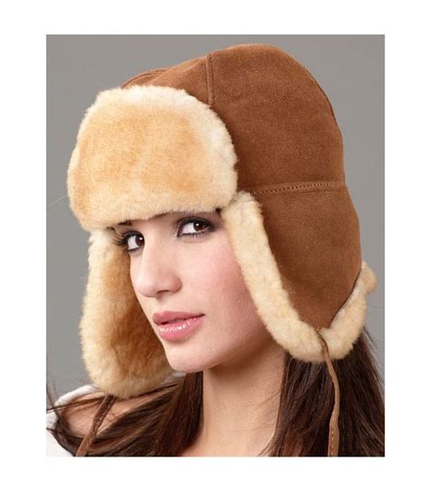 Womens Tan Alaska Trapper Hat Shearling Sheepskin Sheepskin Town