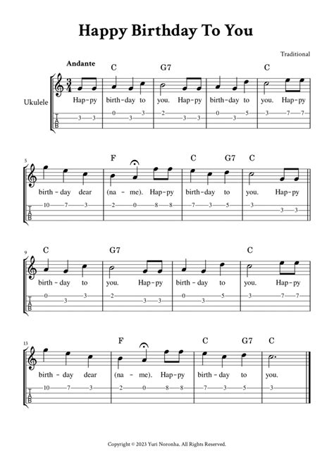 Happy Birthday To You - For Ukulele (C Major - with TAB, Chords and Lyrics) by Traditional ...