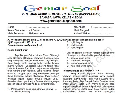 Soal PAT UAS Bahasa Jawa Kelas 4 SD MI Semester 2 Plus Kunci Jawaban