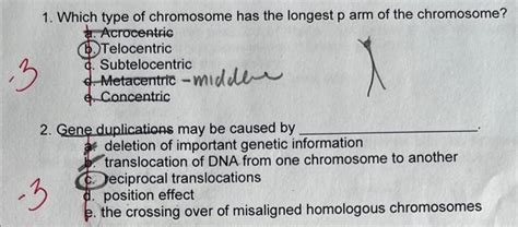 Solved 1. Which type of chromosome has the longest p arm of | Chegg.com