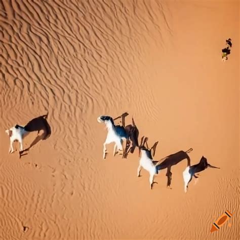 Aerial View Of Goats Walking In The Desert On Craiyon