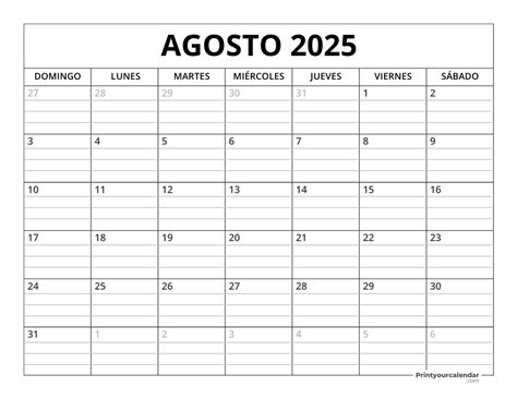 Calendario Agosto 2025 - Para imprimir gratis
