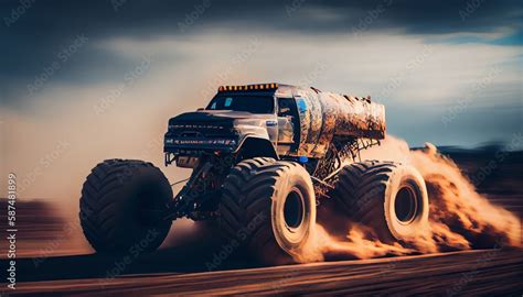 Monster truck covered in mud. Racing event in mud. Large tires on a ...