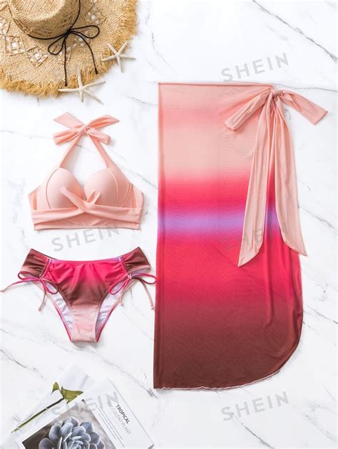 Shein Swim Ombre Push Up Bikini Swimsuit With Beach Skirt For Sale