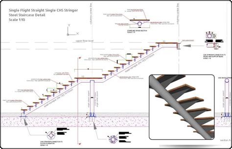 Single Chs Stringer Straight Single Flight Steel Staircase Detail In