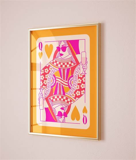 Queen Of Hearts Playing Card Funky Wall Art Pink And Orange Preppy