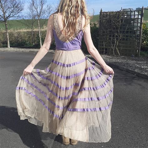 Stunning Antique Nude Mesh Dress With Purple Stripe Depop