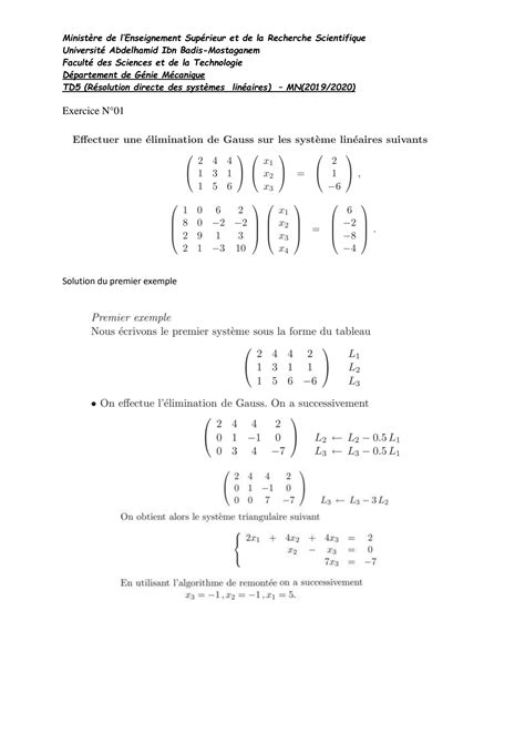 Solution Exercice Sur La M Thode De Gauss La Suite De La Fiche Td