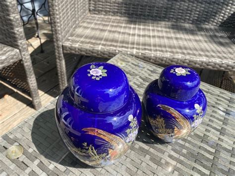 Vintage Japanese Cobalt Blue Porcelain Urns Ginger Jars With Gold