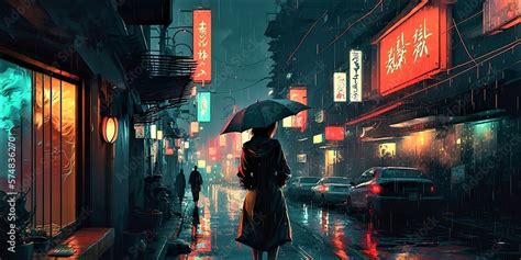 A Rain Soaked Neon Lit Metropolis at Night in Anime Style created with ...