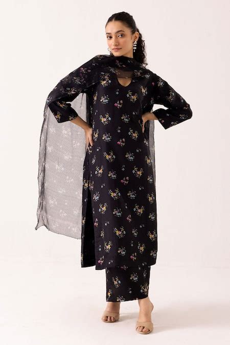 Buy Black Kurta And Pant Cotton Silk Print Floral V Flower Bloom Set