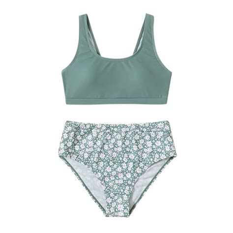 Gyratedream T Girls Two Piece Swimsuits Scoop Neck Wireless Bikini Tops High Waist Bottom