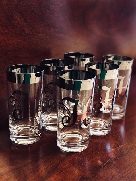 Mid Century Modern Monogrammed Glass Set M Monogram Silver Drink Ware