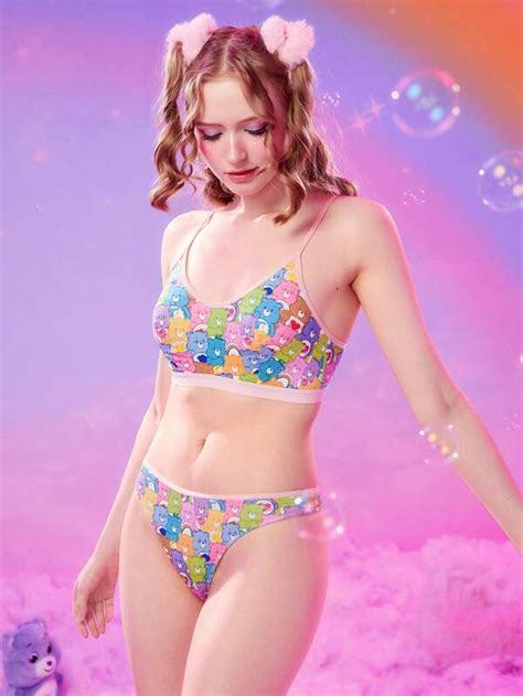 Romwe X Care Bears Cartoon Graphic Contrast Binding Lingerie Set Shein